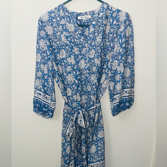 Heccpli Women’s 3/4 Sleeve Blue Floral Boho Maxi Dress Buttons and Tie Waist - Picture 3 of 14